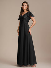 Load image into Gallery viewer, Color=Black | B2B-Exclusive Short Sleeve Ruffle A-Line Maxi Dress with Deep V-Neck Appliques; Mother of the Bride Dresses-Black 14