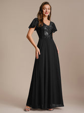 Load image into Gallery viewer, Color=Black | B2B-Exclusive Short Sleeve Ruffle A-Line Maxi Dress with Deep V-Neck Appliques; Mother of the Bride Dresses-Black 15