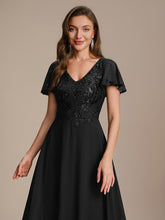 Load image into Gallery viewer, Color=Black | B2B-Exclusive Short Sleeve Ruffle A-Line Maxi Dress with Deep V-Neck Appliques; Mother of the Bride Dresses-Black 13
