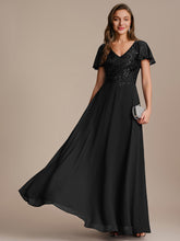 Load image into Gallery viewer, Color=Black | B2B-Exclusive Short Sleeve Ruffle A-Line Maxi Dress with Deep V-Neck Appliques; Mother of the Bride Dresses-Black 11