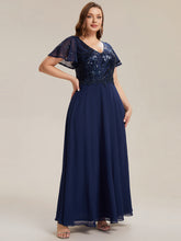 Load image into Gallery viewer, Color=Navy Blue | B2B-Exclusive Short Sleeve Ruffle A-Line Maxi Dress with Deep V-Neck Appliques; Mother of the Bride Dresses-Navy Blue 29