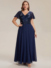 Load image into Gallery viewer, Color=Navy Blue | B2B-Exclusive Short Sleeve Ruffle A-Line Maxi Dress with Deep V-Neck Appliques; Mother of the Bride Dresses-Navy Blue 30