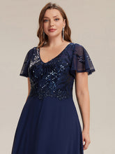 Load image into Gallery viewer, Color=Navy Blue | B2B-Exclusive Short Sleeve Ruffle A-Line Maxi Dress with Deep V-Neck Appliques; Mother of the Bride Dresses-Navy Blue 28