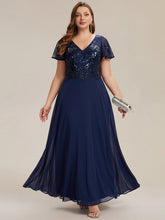 Load image into Gallery viewer, Color=Navy Blue | B2B-Exclusive Short Sleeve Ruffle A-Line Maxi Dress with Deep V-Neck Appliques; Mother of the Bride Dresses-Navy Blue 26