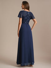 Load image into Gallery viewer, Color=Navy Blue | B2B-Exclusive Short Sleeve Ruffle A-Line Maxi Dress with Deep V-Neck Appliques; Mother of the Bride Dresses-Navy Blue 22