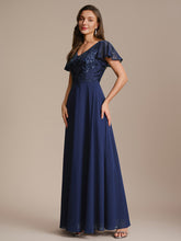 Load image into Gallery viewer, Color=Navy Blue | B2B-Exclusive Short Sleeve Ruffle A-Line Maxi Dress with Deep V-Neck Appliques; Mother of the Bride Dresses-Navy Blue 24
