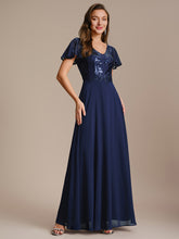 Load image into Gallery viewer, Color=Navy Blue | B2B-Exclusive Short Sleeve Ruffle A-Line Maxi Dress with Deep V-Neck Appliques; Mother of the Bride Dresses-Navy Blue 25