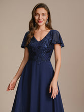 Load image into Gallery viewer, Color=Navy Blue | B2B-Exclusive Short Sleeve Ruffle A-Line Maxi Dress with Deep V-Neck Appliques; Mother of the Bride Dresses-Navy Blue 23