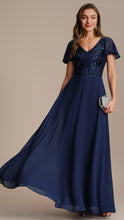 Load image into Gallery viewer, Color=Navy Blue | B2B-Exclusive Short Sleeve Ruffle A-Line Maxi Dress with Deep V-Neck Appliques; Mother of the Bride Dresses-Navy Blue 21