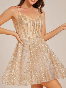 Color=Gold | Elegant thin strap V-neck sequined sparkling above knee length A-line ball gown-Gold 5