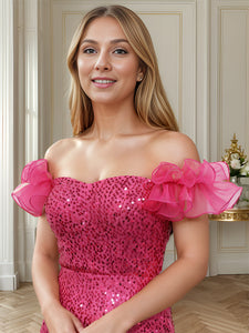 Color=Hot Pink | Exquisite Bodycon Sequin Prom Party Dresses with Lotus Leaf Drop-shoulder Sleeve-Hot Pink 21