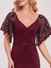 Load image into Gallery viewer, Color=Burgundy | Sexy Maxi V Neck Wholesale Party Dress With Flare Sleeves-Burgundy 5