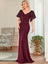 Load image into Gallery viewer, Color=Burgundy | Sexy Maxi V Neck Wholesale Party Dress With Flare Sleeves-Burgundy 3