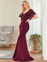 Load image into Gallery viewer, Color=Burgundy | Sexy Maxi V Neck Wholesale Party Dress With Flare Sleeves-Burgundy 4