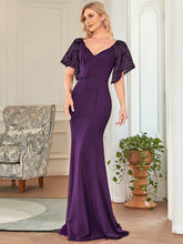 Load image into Gallery viewer, Color=Dark Purple | Sexy Maxi Long Deep V Neck Wholesale Party Dress With Flare Sleeves-Dark Purple 4