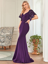 Load image into Gallery viewer, Color=Dark Purple | Sexy Maxi Long Deep V Neck Wholesale Party Dress With Flare Sleeves-Dark Purple 1