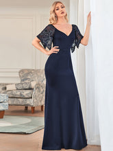 Load image into Gallery viewer, Color=Navy Blue | Sexy Maxi V Neck Wholesale Party Dress With Flare Sleeves-Navy Blue 3