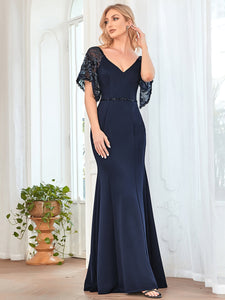 Color=Navy Blue | Sexy Maxi V Neck Wholesale Party Dress With Flare Sleeves-Navy Blue 4