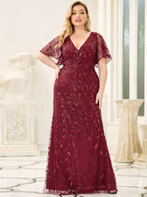 Load image into Gallery viewer, Color=Burgundy | Fashion Plus Size V Neck Mermaid Wholesale Sequin &amp; Tulle Dress-Burgundy 1