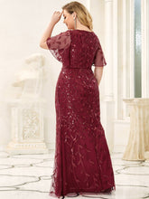 Load image into Gallery viewer, Color=Burgundy | Fashion Plus Size V Neck Mermaid Wholesale Sequin &amp; Tulle Dress-Burgundy 2