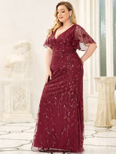 Load image into Gallery viewer, Color=Burgundy | Fashion Plus Size V Neck Mermaid Wholesale Sequin &amp; Tulle Dress-Burgundy 3
