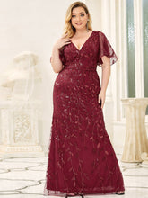 Load image into Gallery viewer, Color=Burgundy | Fashion Plus Size V Neck Mermaid Wholesale Sequin &amp; Tulle Dress-Burgundy 4