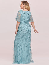 Load image into Gallery viewer, Color=Light teal | Fashion Plus Size V Neck Mermaid Wholesale Sequin &amp; Tulle Dress-Light teal 7