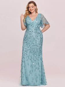 Color=Light teal | Fashion Plus Size V Neck Mermaid Wholesale Sequin & Tulle Dress-Light teal 9