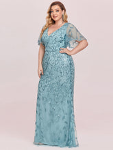 Load image into Gallery viewer, Color=Light teal | Fashion Plus Size V Neck Mermaid Wholesale Sequin &amp; Tulle Dress-Light teal 10