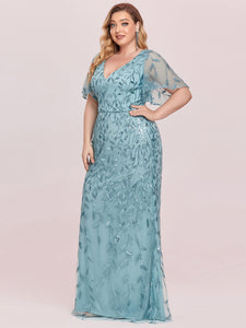 Color=Light teal | Fashion Plus Size V Neck Mermaid Wholesale Sequin & Tulle Dress-Light teal 10
