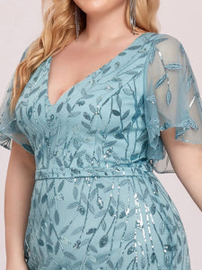 Color=Dusty Blue | Fashion Plus Size V Neck Mermaid Wholesale Sequin & Tulle Dress-Dusty Blue 5