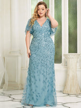 Load image into Gallery viewer, Color=Dusty Blue | Fashion Plus Size V Neck Mermaid Wholesale Sequin &amp; Tulle Dress-Dusty Blue 1