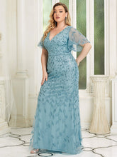 Load image into Gallery viewer, Color=Dusty Blue | Fashion Plus Size V Neck Mermaid Wholesale Sequin &amp; Tulle Dress-Dusty Blue 2