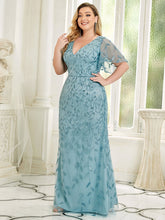 Load image into Gallery viewer, Color=Dusty Blue | Fashion Plus Size V Neck Mermaid Wholesale Sequin &amp; Tulle Dress-Dusty Blue 3