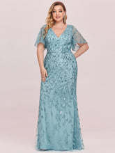 Load image into Gallery viewer, Color=Light teal | Fashion Plus Size V Neck Mermaid Wholesale Sequin &amp; Tulle Dress-Light teal 6