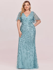 Color=Light teal | Fashion Plus Size V Neck Mermaid Wholesale Sequin & Tulle Dress-Light teal 6