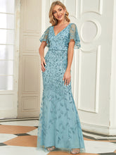 Load image into Gallery viewer, Color=Light teal | Gorgeous V Neck Leaf-Sequined Fishtail Wholesale Party Dress-Light teal 44