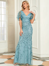 Load image into Gallery viewer, Color=Light teal | Gorgeous V Neck Leaf-Sequined Fishtail Wholesale Party Dress-Light teal 45