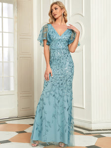 Color=Light teal | Gorgeous V Neck Leaf-Sequined Fishtail Wholesale Party Dress-Light teal 45