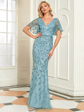 Load image into Gallery viewer, Color=Light teal | Gorgeous V Neck Leaf-Sequined Fishtail Wholesale Party Dress-Light teal 41