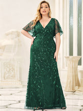 Load image into Gallery viewer, Color=Dark Green | Fashion Plus Size V Neck Mermaid Wholesale Sequin &amp; Tulle Dress-Dark Green 1