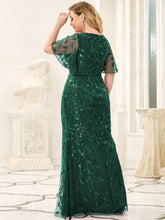 Load image into Gallery viewer, Color=Dark Green | Fashion Plus Size V Neck Mermaid Wholesale Sequin &amp; Tulle Dress-Dark Green 2