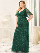 Load image into Gallery viewer, Color=Dark Green | Fashion Plus Size V Neck Mermaid Wholesale Sequin &amp; Tulle Dress-Dark Green 3