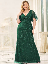 Load image into Gallery viewer, Color=Dark Green | Fashion Plus Size V Neck Mermaid Wholesale Sequin &amp; Tulle Dress-Dark Green 4