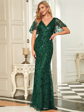 Load image into Gallery viewer, Color=Dark Green | Gorgeous V Neck Leaf-Sequined Fishtail Wholesale Evening Dress-Dark Green 3