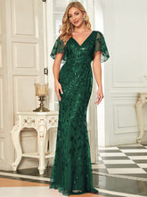 Load image into Gallery viewer, Color=Dark Green | Gorgeous V Neck Leaf-Sequined Fishtail Wholesale Evening Dress-Dark Green 4