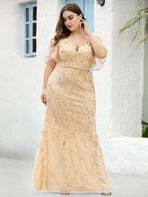 Load image into Gallery viewer, Color=Gold | Fashion Plus Size V Neck Mermaid Wholesale Sequin &amp; Tulle Dress-Gold 3