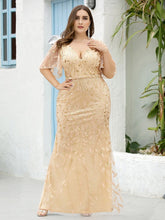 Load image into Gallery viewer, Color=Gold | Fashion Plus Size V Neck Mermaid Wholesale Sequin &amp; Tulle Dress-Gold 4