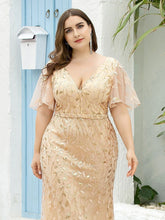 Load image into Gallery viewer, Color=Gold | Fashion Plus Size V Neck Mermaid Wholesale Sequin &amp; Tulle Dress-Gold 5