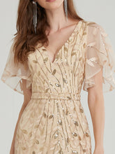 Load image into Gallery viewer, Color=Gold | Gorgeous V Neck Leaf-Sequined Fishtail Wholesale Party Dress-Gold 10